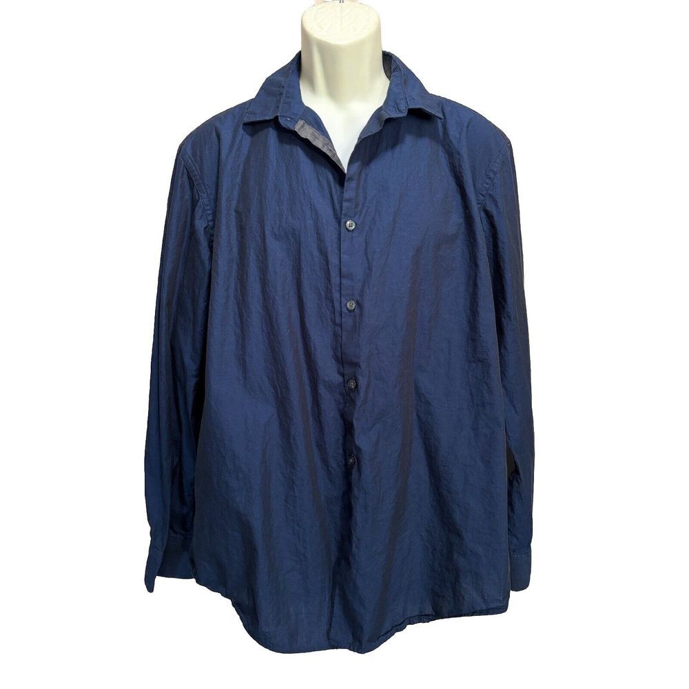 Alfani Navy Regular Fit Long Sleeve Button Up Dress Shirt Size L ‎ Cotton